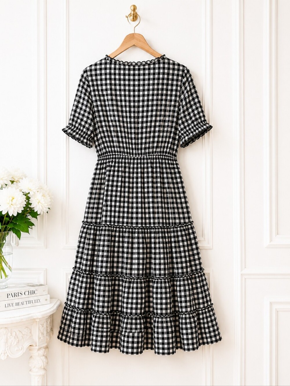 Seasty | Black & White Gingham Tiered Midi Dress | Size Medium | Cottagecore - Picture 6 of 9